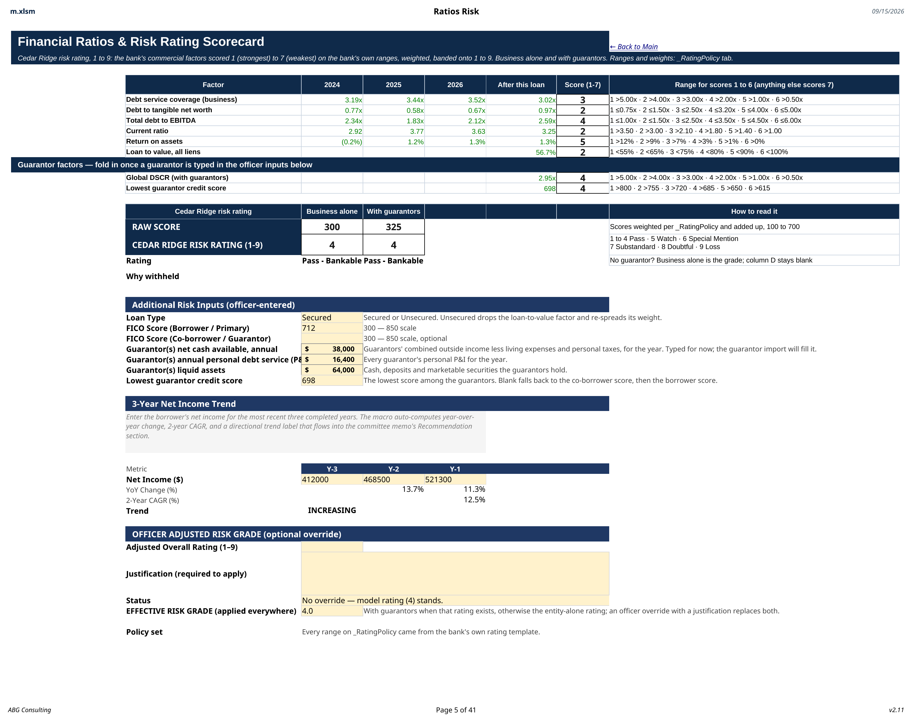 Income and ratio page showing calculated results alongside the underlying figures