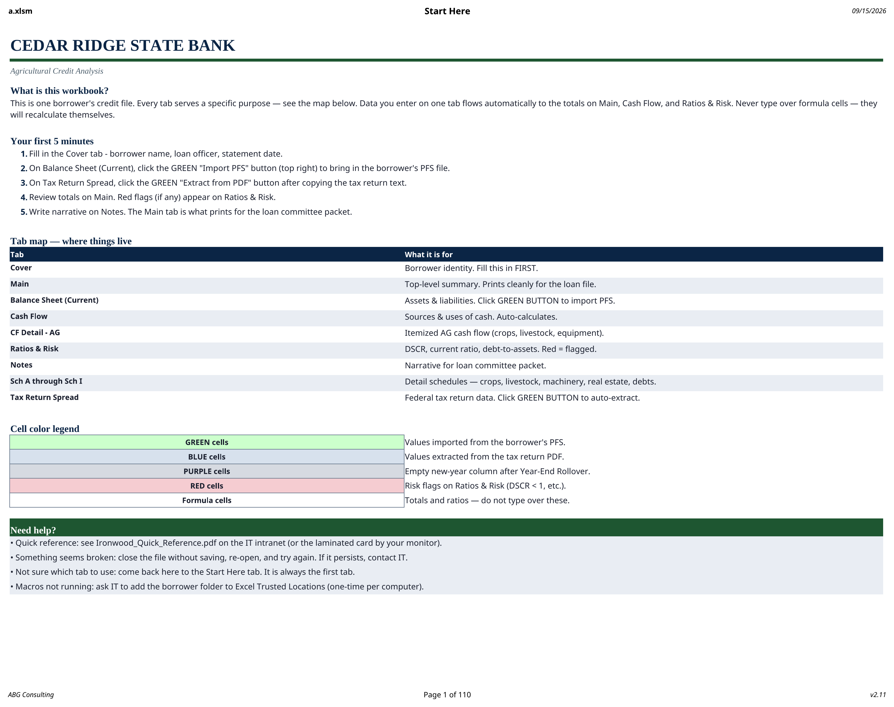One page quick reference card listing grading limits and workbook shortcuts