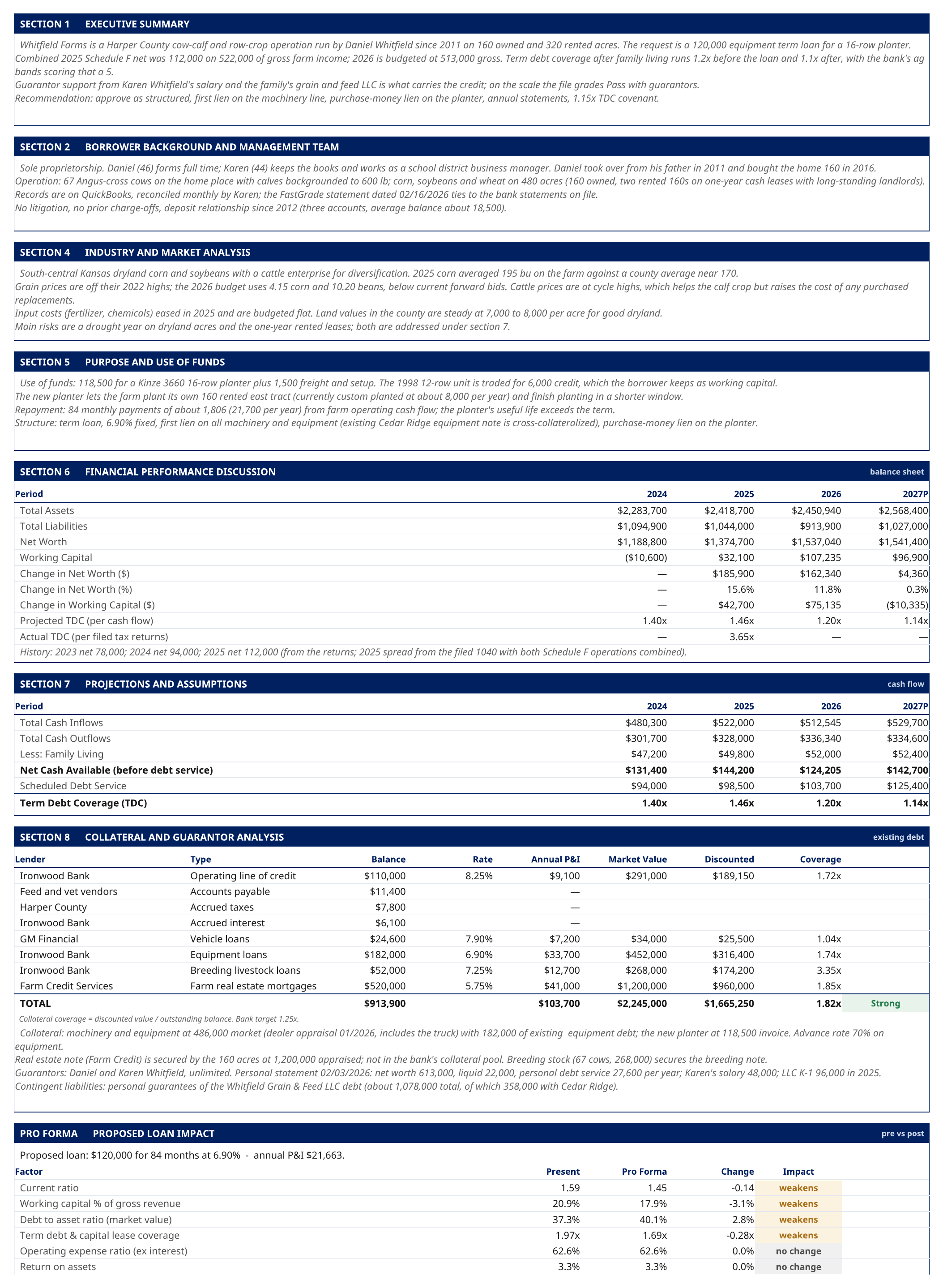 Page two of the credit memo with the risk grade, loan officer narrative, and policy stamp
