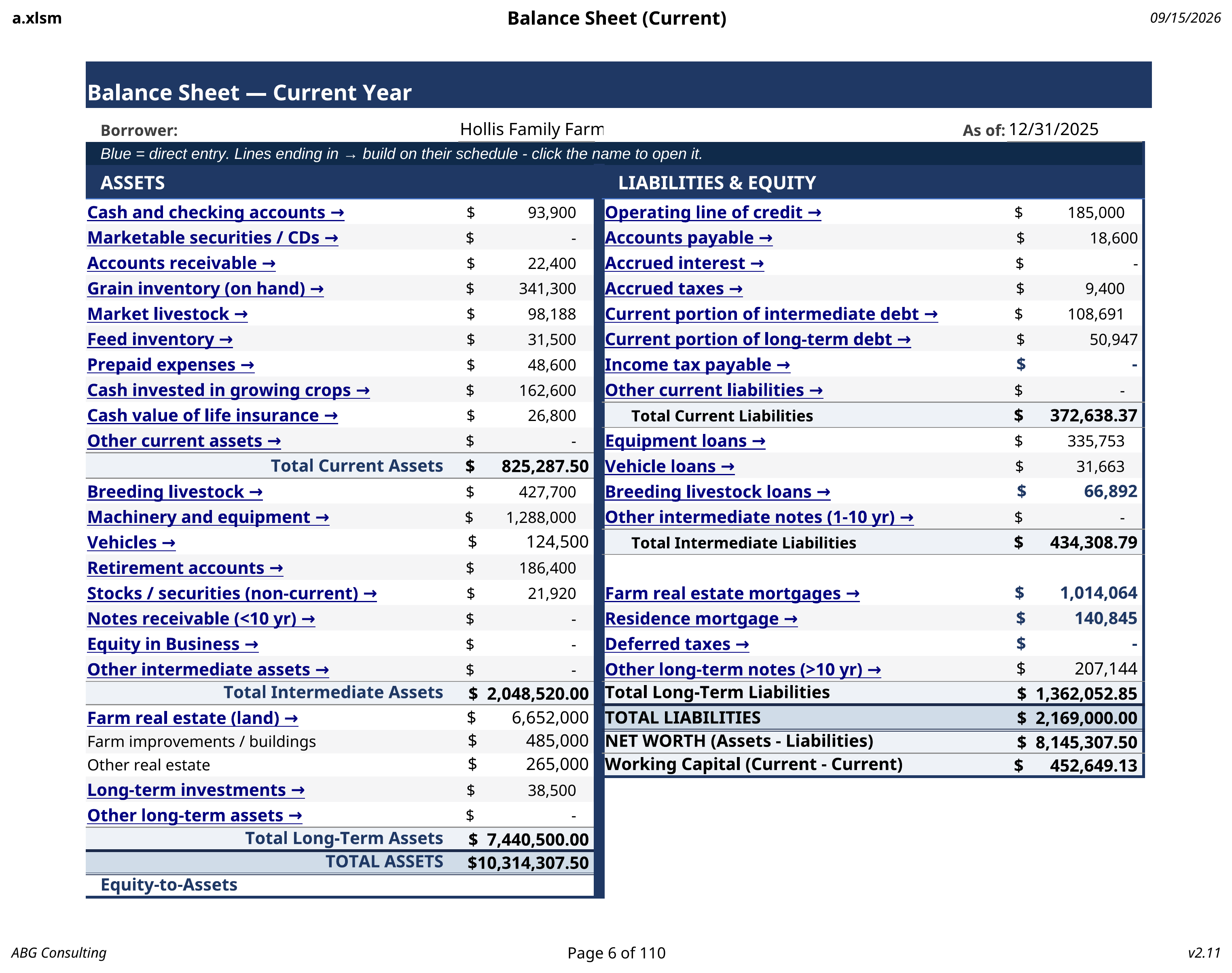 Agricultural loan review spread showing crop, machinery, and operating line detail