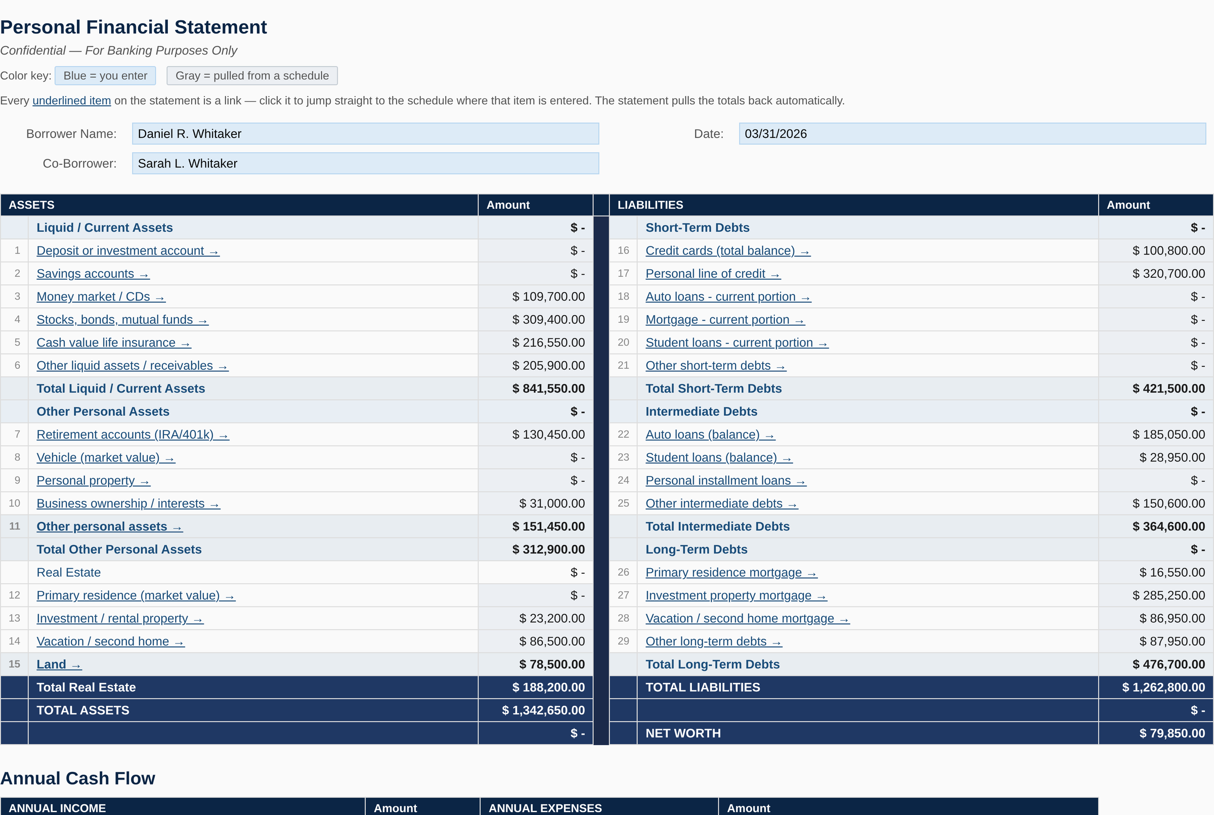 Borrower completing the Ironwood personal financial statement in a browser
