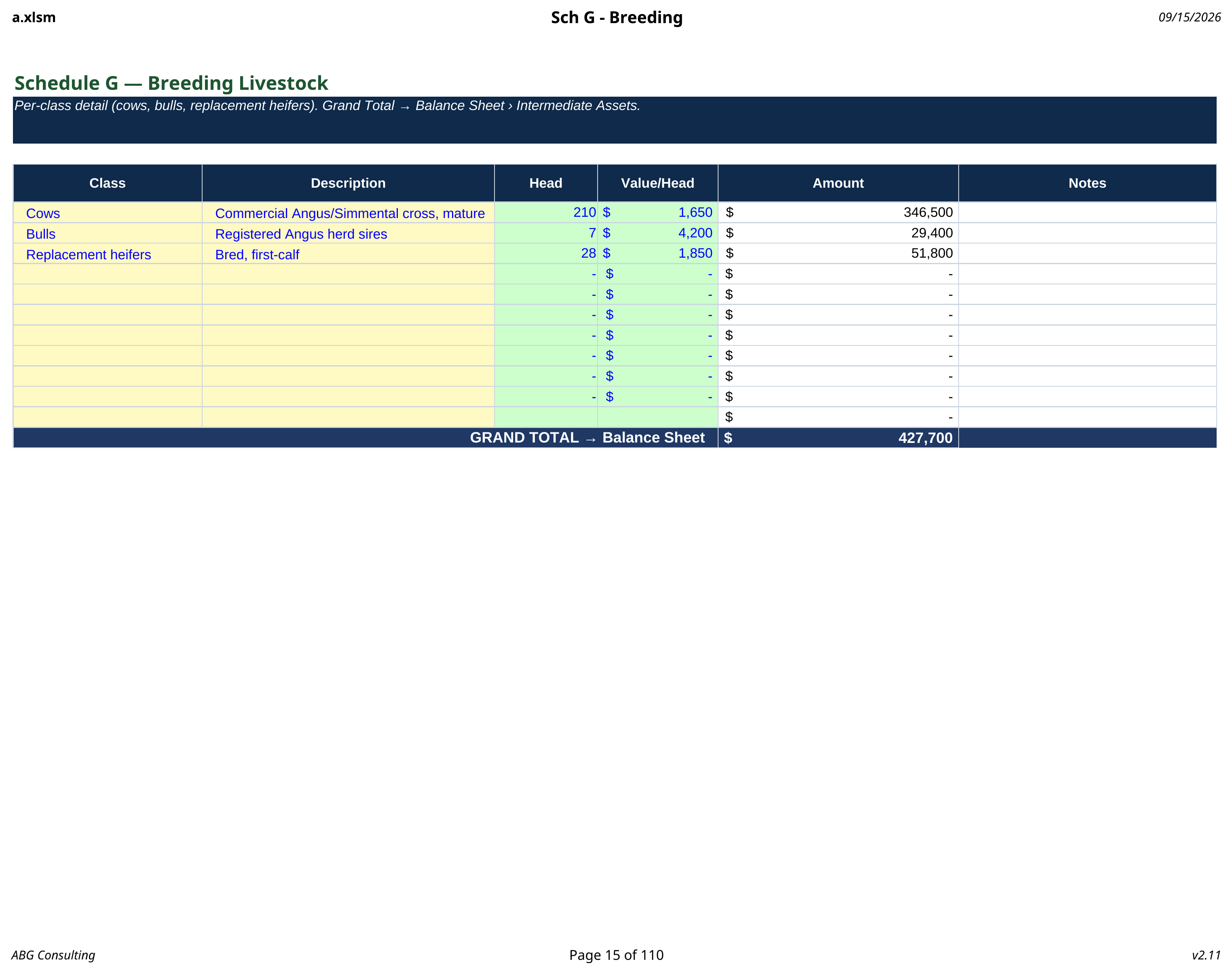 Schedule G breeding livestock balance worksheet with head counts and values