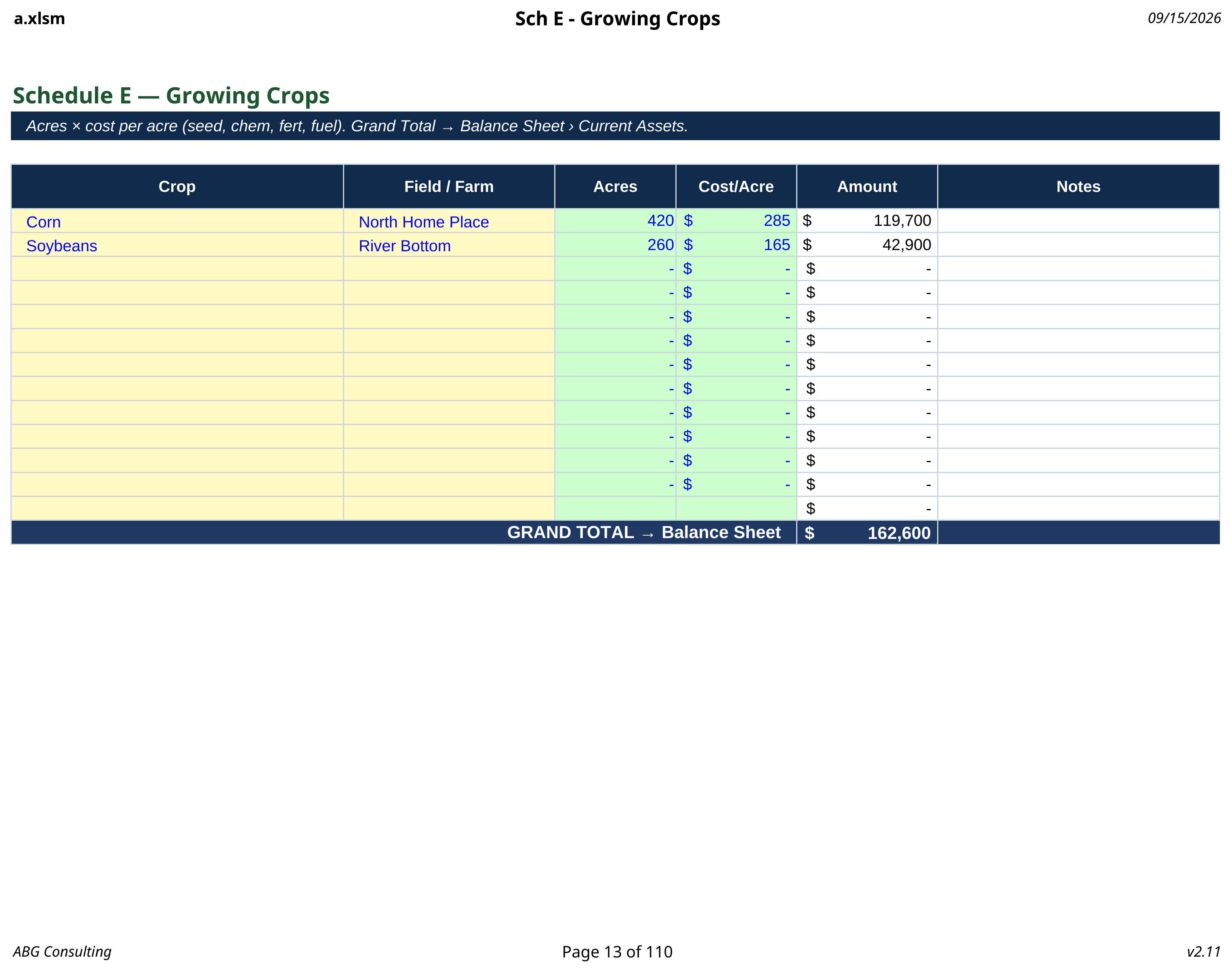 Schedule E growing crops worksheet listing acres, stage, and value assumptions