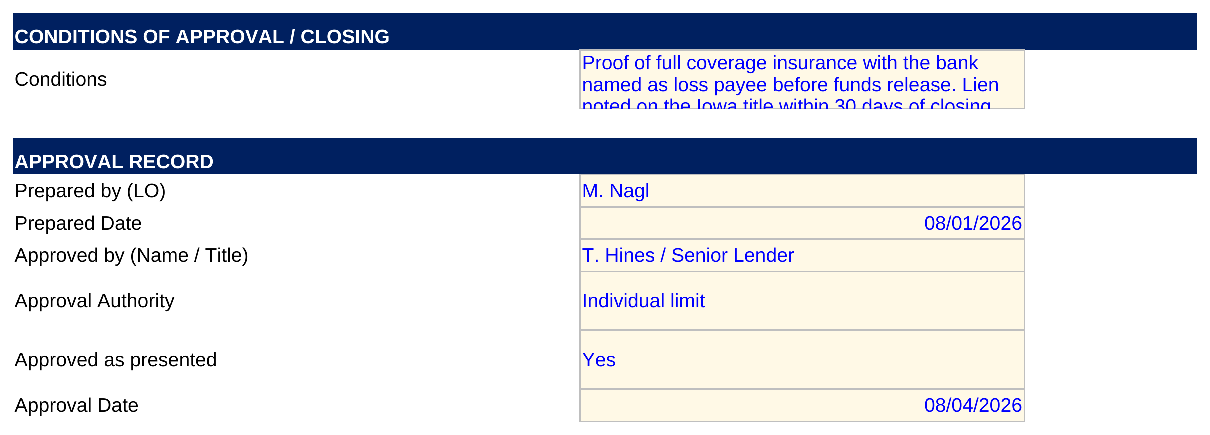 Conditions of approval and approval record section with preparer, approver, authority and dates