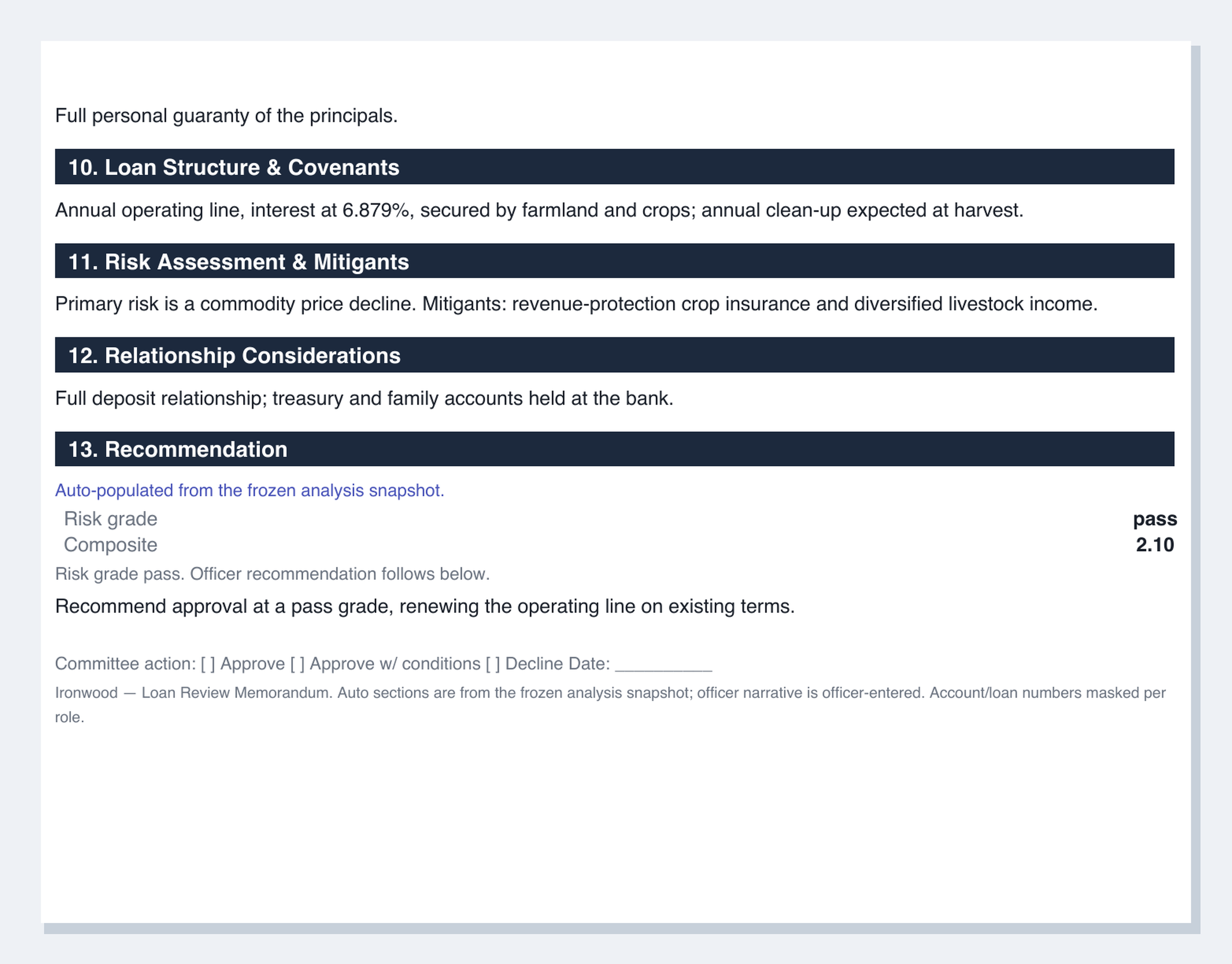 Credit memo recommendation page showing the policy stamp and approval date