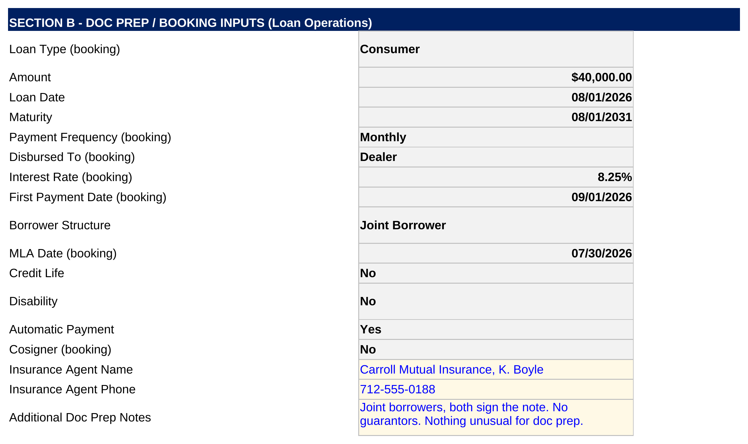 Doc prep and booking inputs section for loan operations with amount, dates, rate and structure
